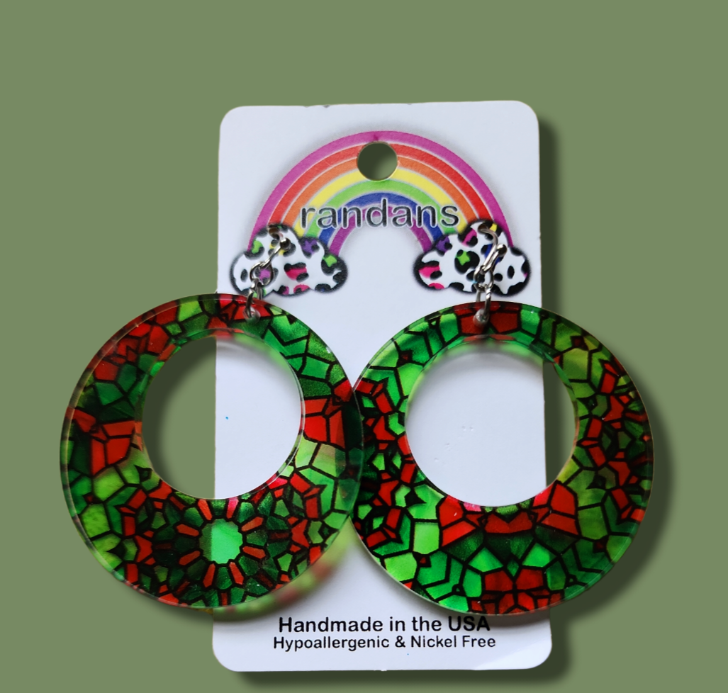 Holiday Stained Glass Print Frameless Double Hoop Dangle